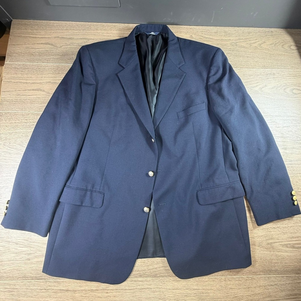 Brooks Brothers 346 Mens Navy Blue Blazer Gold Buttons 100% Wool 48 Long